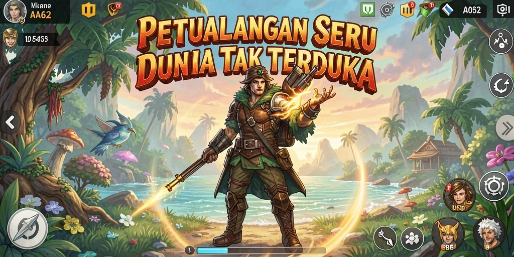 Screenshot gameplay AA62 menampilkan karakter tengah berpetualang di hutan misterius.
