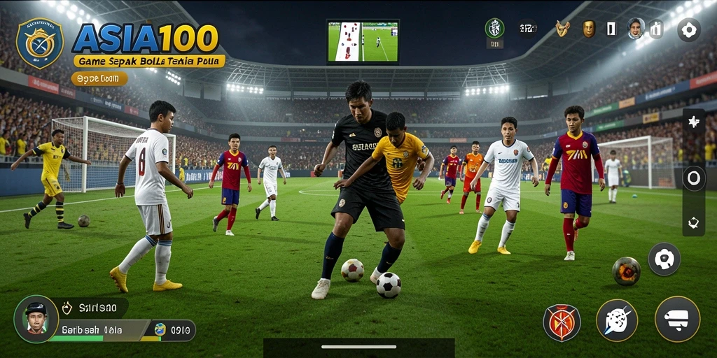 Screenshot gameplay ASIA100 menampilkan aksi seru di lapangan sepak bola.