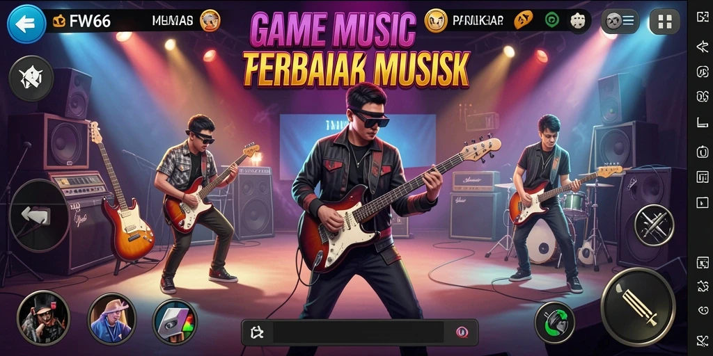 Screenshot utama FW66 menampilkan pengguna bermain musik dengan alat virtual.