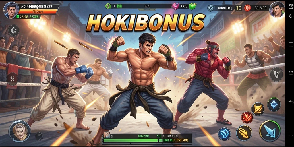 Tampilan gameplay HOKIBONUS yang penuh aksi pertarungan.