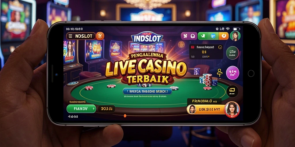 Screenshot gameplay Live Casino INDSLOT dengan dealer langsung di layar.