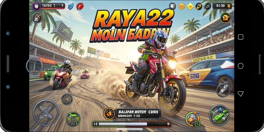 Screenshot gameplay RAYA22 menampilkan aksi balap yang mendebarkan.