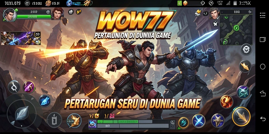 Tampilan gameplay WOW77 dengan karakter bertarung di arena.